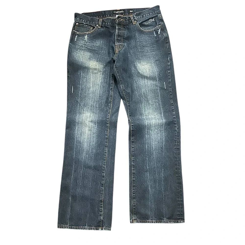 Ed Hardy Embroidered Tiger Hellcat Distressed Denim Blue Jeans size 34 - Picture 2 of 12